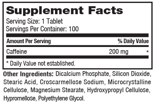 Supplement facts label with caffeine content and other ingredients listed.