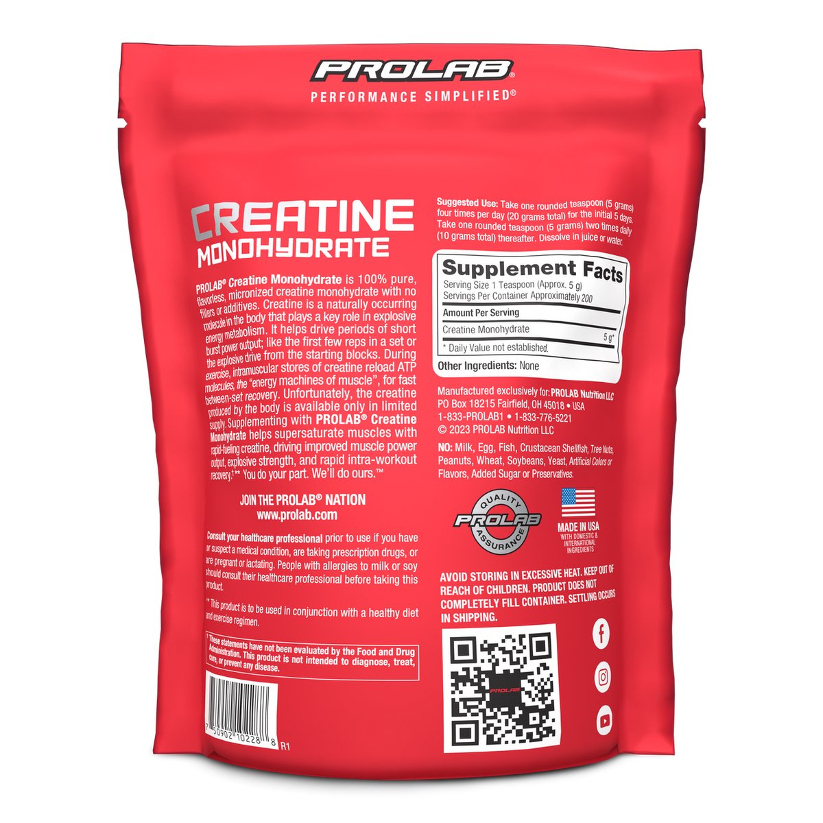 The back of a red ProLab Creatine Monohydrate supplement pouch, showing product details, a Supplement Facts label, QR code, and contact information.