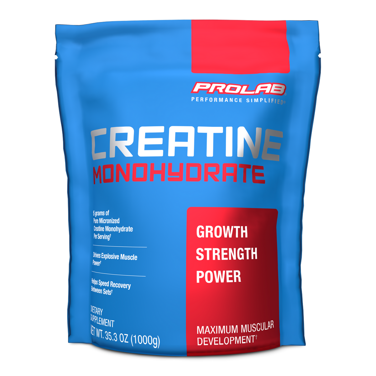 A blue stand-up pouch of Prolab Creatine Monohydrate dietary supplement, featuring red and silver branding and text on a white background.