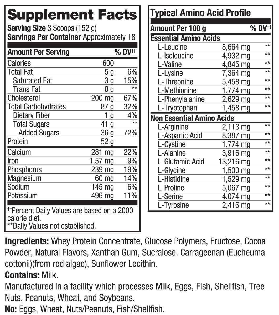 A black-and-white Supplement Facts label from a powdered drink mix, showing serving size, calories, nutrients, and a typical amino acid profile with essential and non-essential amino acids listed by amount per 100 g.