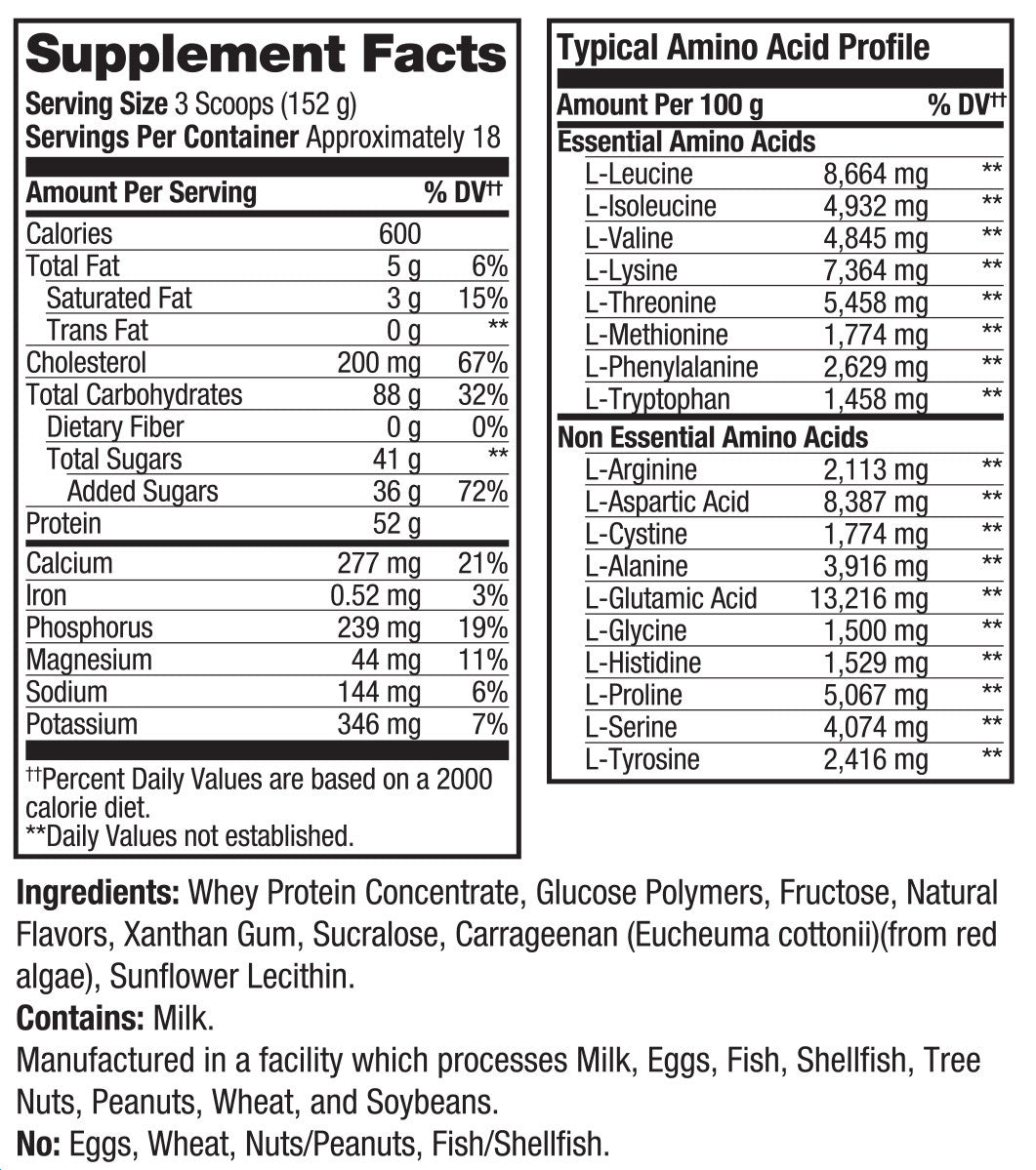 Front-facing Supplement Facts and Typical Amino Acid Profile label from a protein powder package, with ingredient text below on a white background.