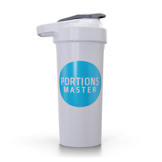 White shaker bottle with blue circular logo and 'Portions Master' text on a white background