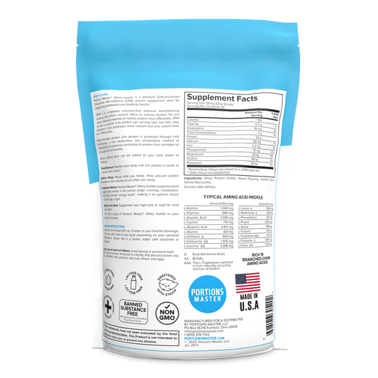 Supplement package with blue top and white body displaying nutritional information and branding.