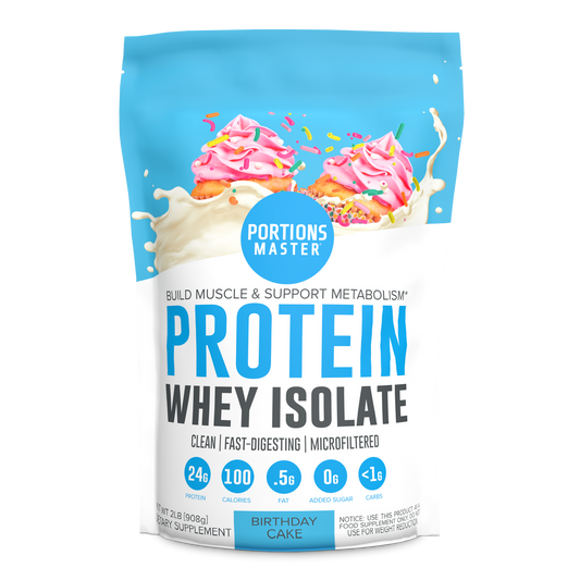 Protein whey isolate package with birthday cake flavor on a white background
