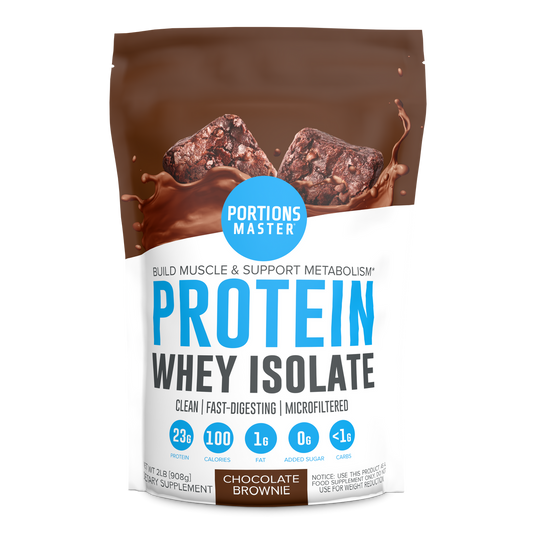 Protein whey isolate package with chocolate brownie flavor on a white background