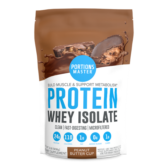 Protein whey isolate package with chocolate flavor on a white background
