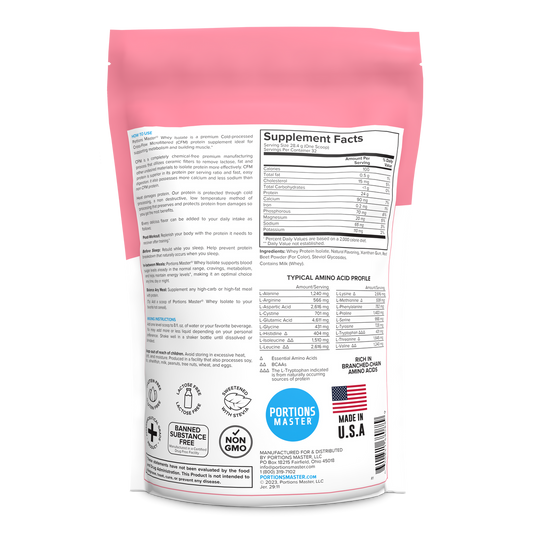 Supplement package with pink top and white back featuring nutritional information and branding.