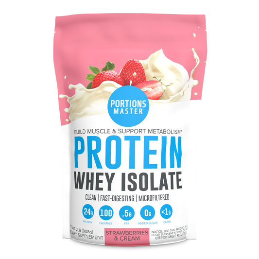 Protein whey isolate package with strawberries and cream flavor on a white background