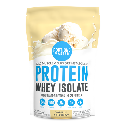 Protein whey isolate package with vanilla ice cream flavor on a white background