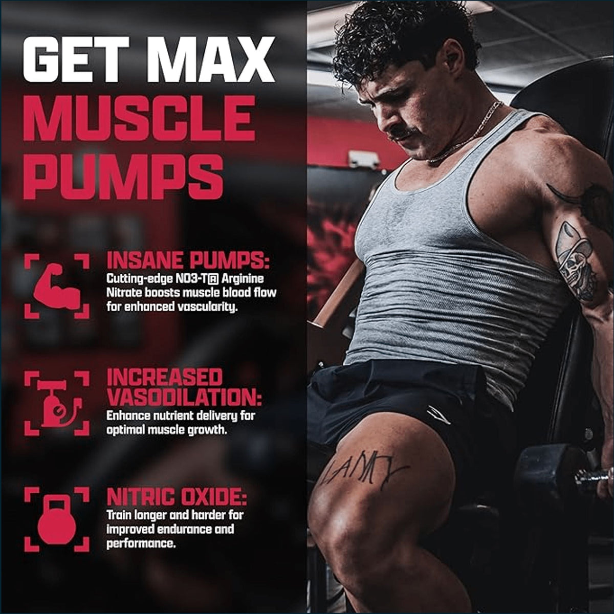 Promotional fitness graphic with the headline 'GET MAX MUSCLE PUMPS' on the left and a muscular man seated on a gym machine on the right, wearing a gray tank top and black shorts. Text on the left describes pump benefits: insane pumps, increased vasodilation, and nitric oxide.