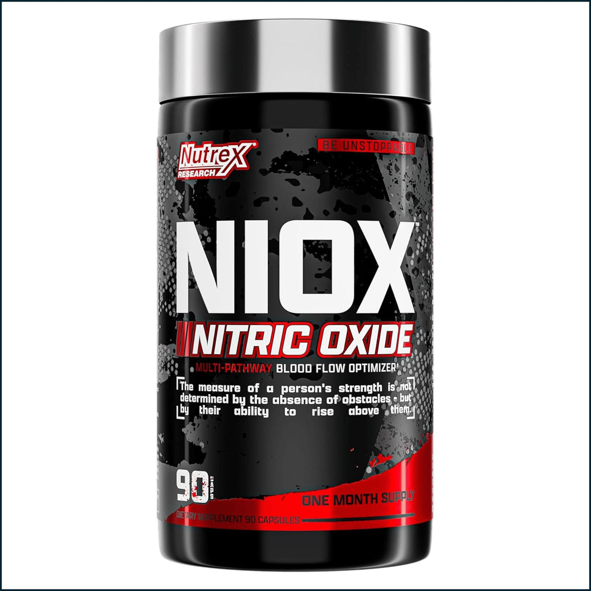 A black and silver tub of Nutrex Research Niox Nitric Oxide dietary supplement, featuring a bold black label with white and red text.