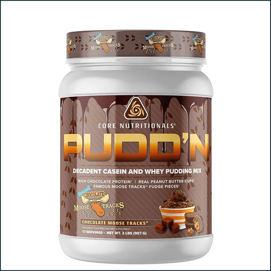 A white plastic tub of Core Nutritionals Pudd'n Decadent Casein and Whey Pudding Mix in Chocolate Moose Tracks flavor, featuring a brown label with gold and orange lettering.