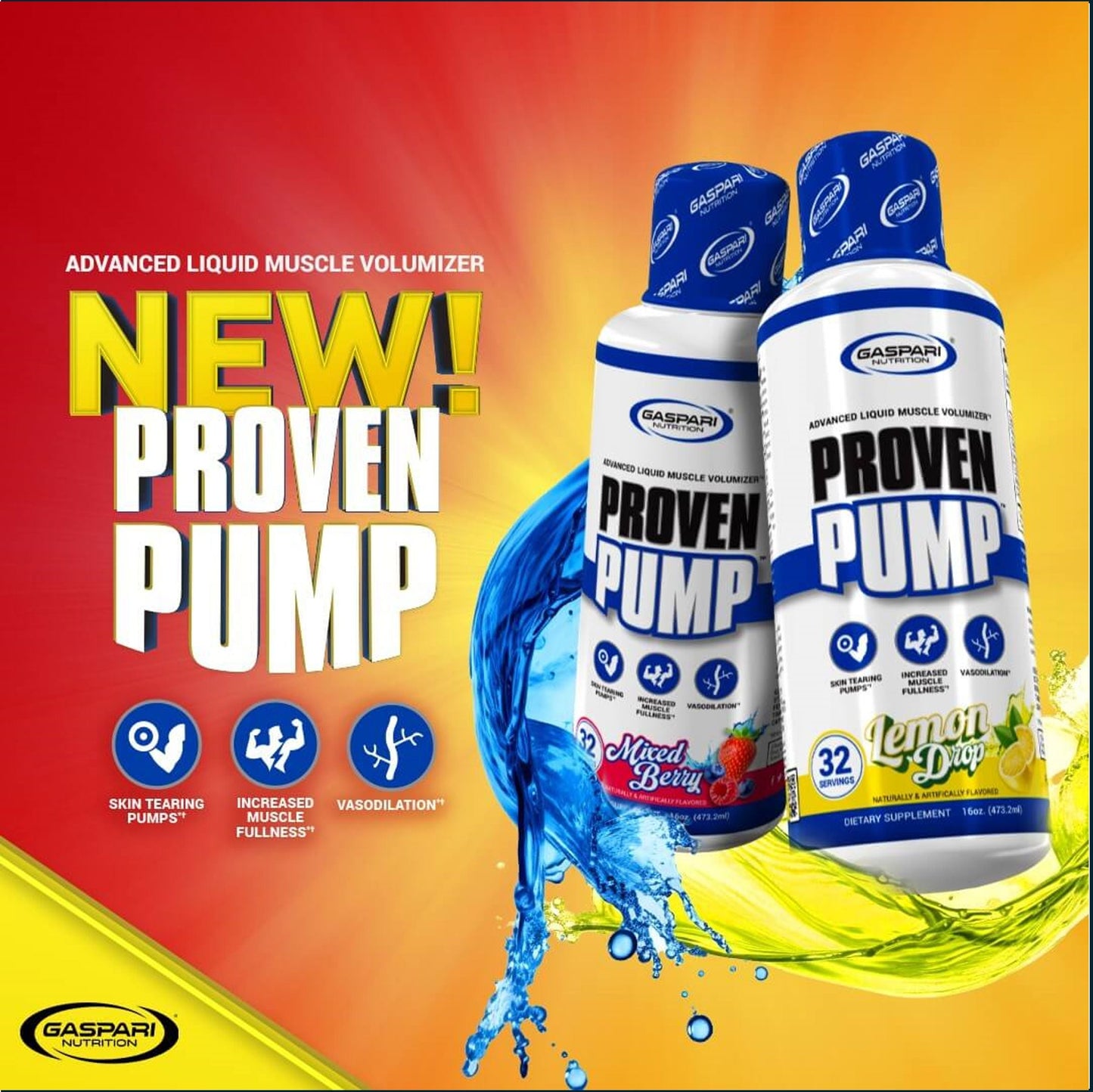 Two bottles of Gaspari Proven Pump Advanced Liquid Muscle Volumizer, one Raspberry Berry and one Lemon Lime, shown against a vibrant red and yellow background with a blue liquid splash graphic.