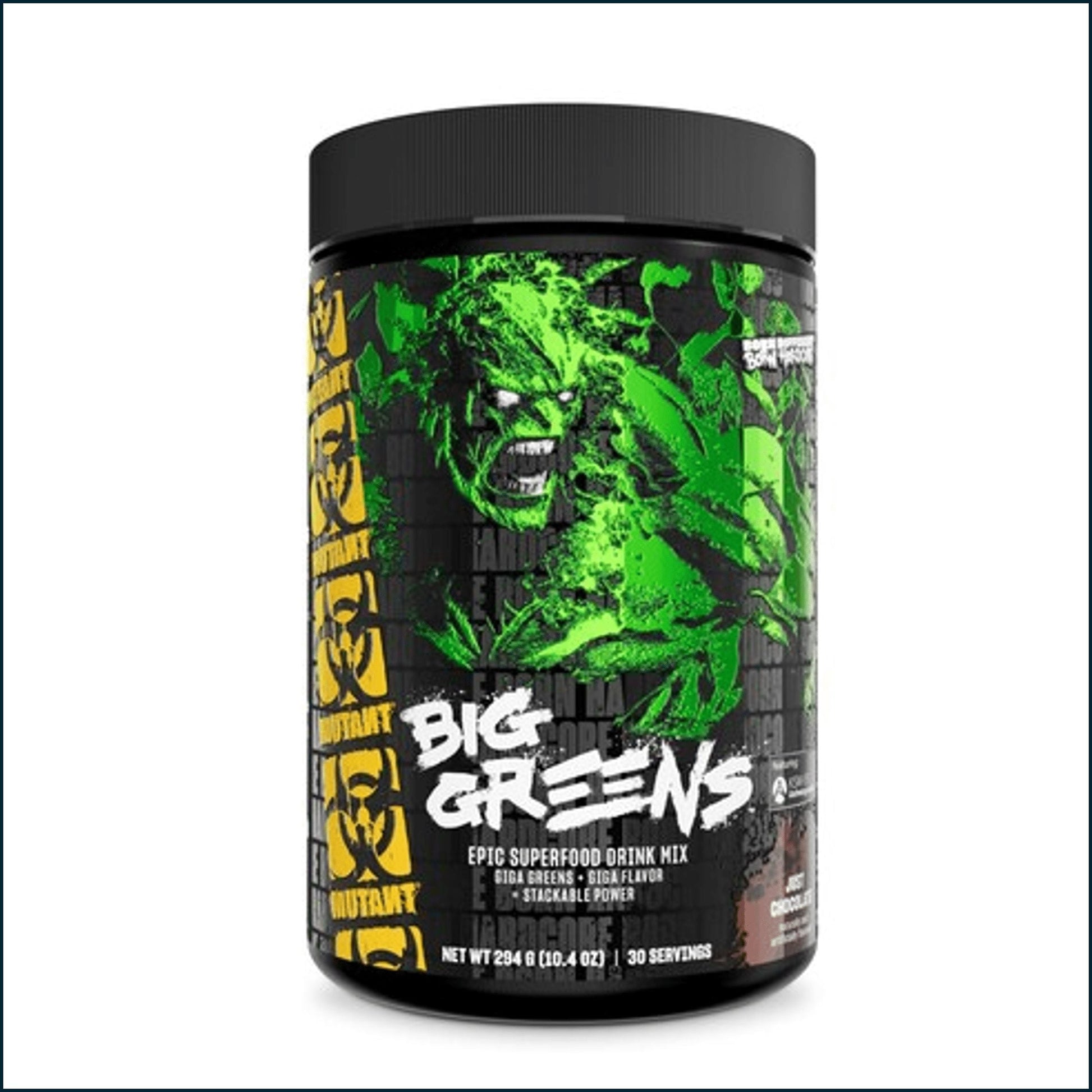 A black tub of Mutant Sports Big Greens Epio Superfood Drink Mix, featuring a green monster graphic and white text on a black background.