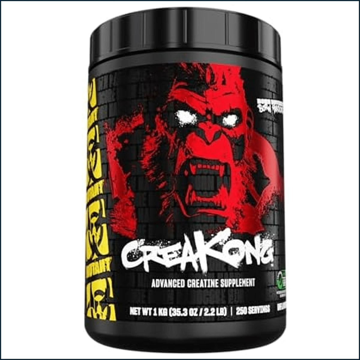 A black tub of Creakong Advanced Creatine Supplement featuring a bold red gorilla graphic on the label, set against a plain white background.