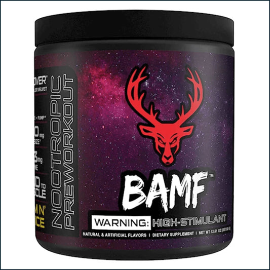 A black plastic tub of BAMF Nootropic Preworkout dietary supplement with a black lid, featuring a purple and pink galaxy label with a red deer head logo and white text.