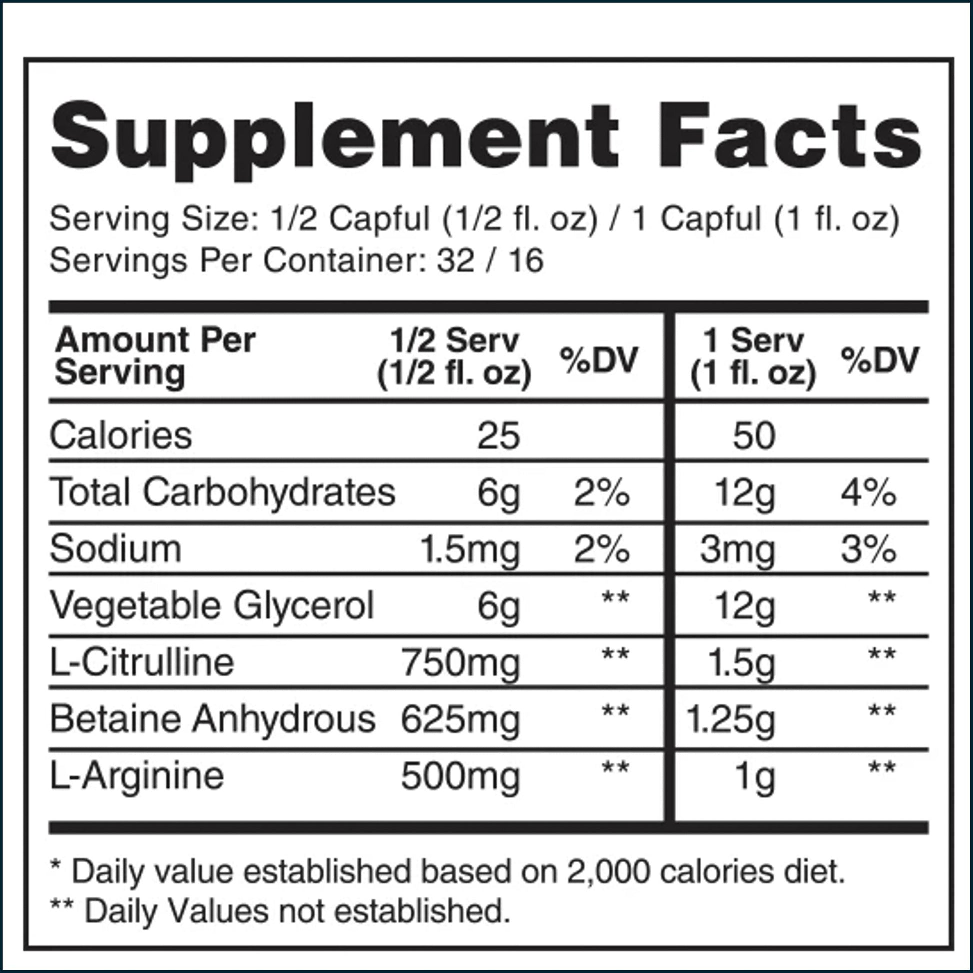 A black and white Supplement Facts label showing nutritional information for a dietary supplement, including calories, total carbohydrates, sodium, vegetable glycerol, L-Citrulline, Betaine Anhydrous, and L-Arginine.