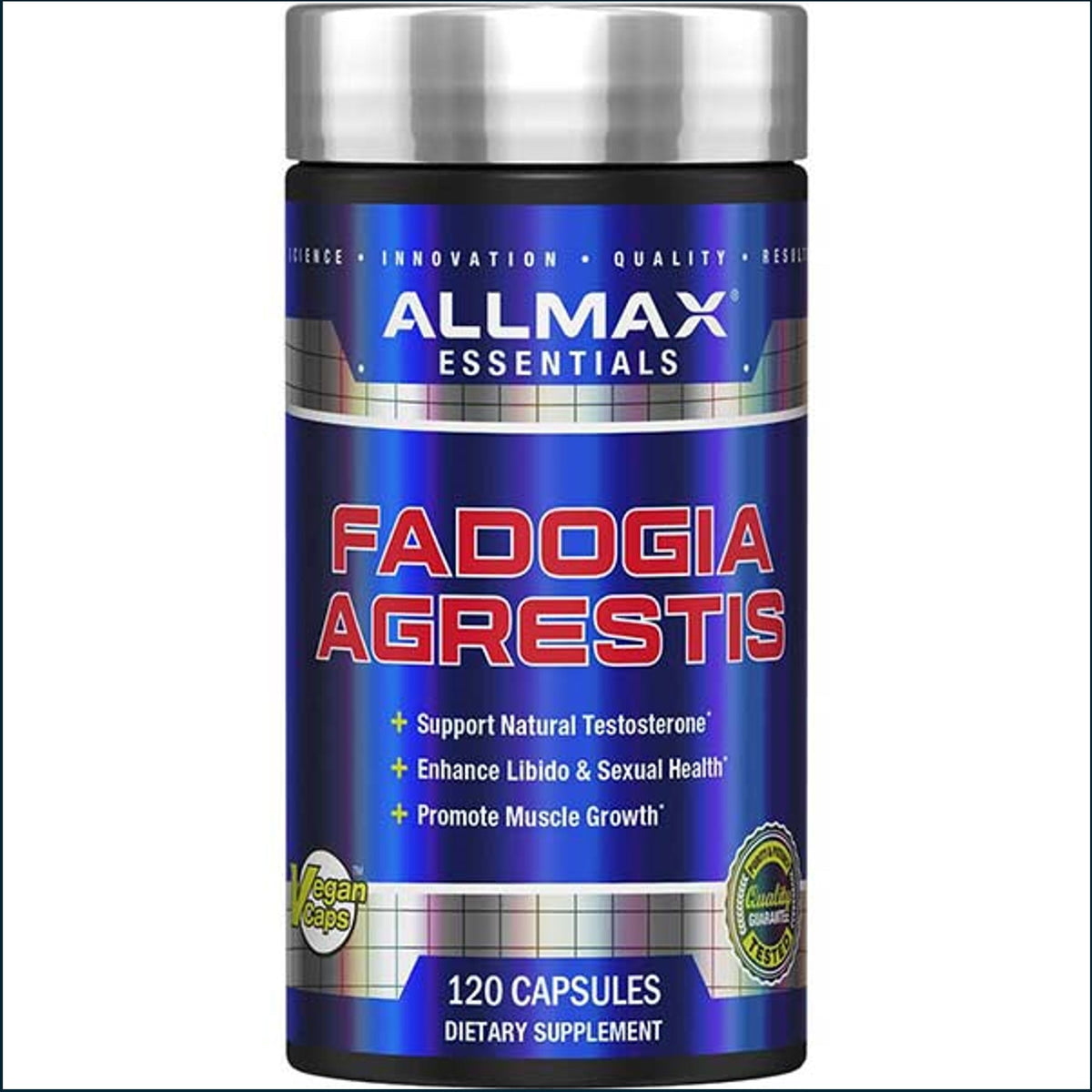 A bottle of All Max Essentials Fadogia Agrestis dietary supplement, containing 120 capsules, shown against a plain white background.