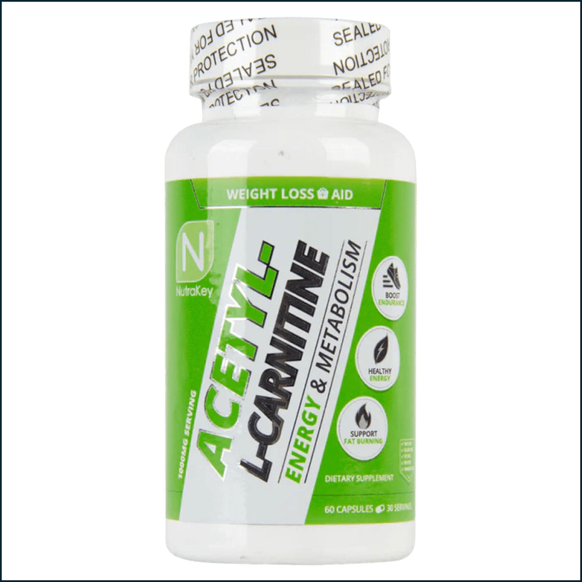 A white plastic bottle of NutraKey Acetyl-L-Carnitine dietary supplement with a green and white label, set against a plain white background.
