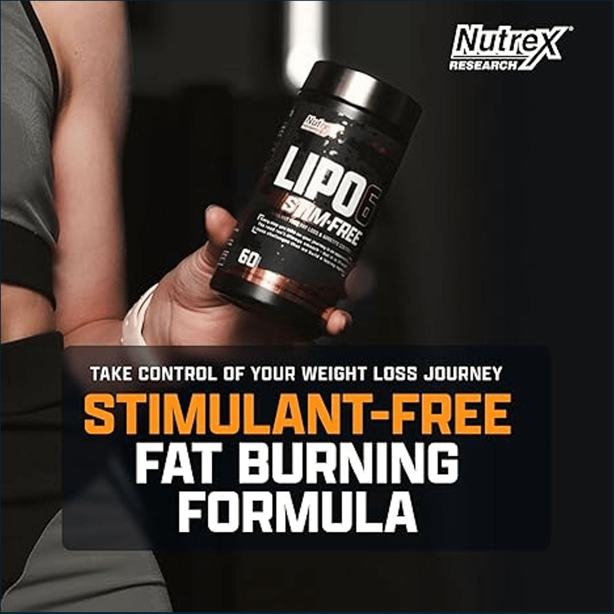 A person holds a black Nutrex Research Lipo Stim-Free supplement container in a gym setting, with promotional text overlay reading 'Stimulant-Free Fat Burning Formula'.