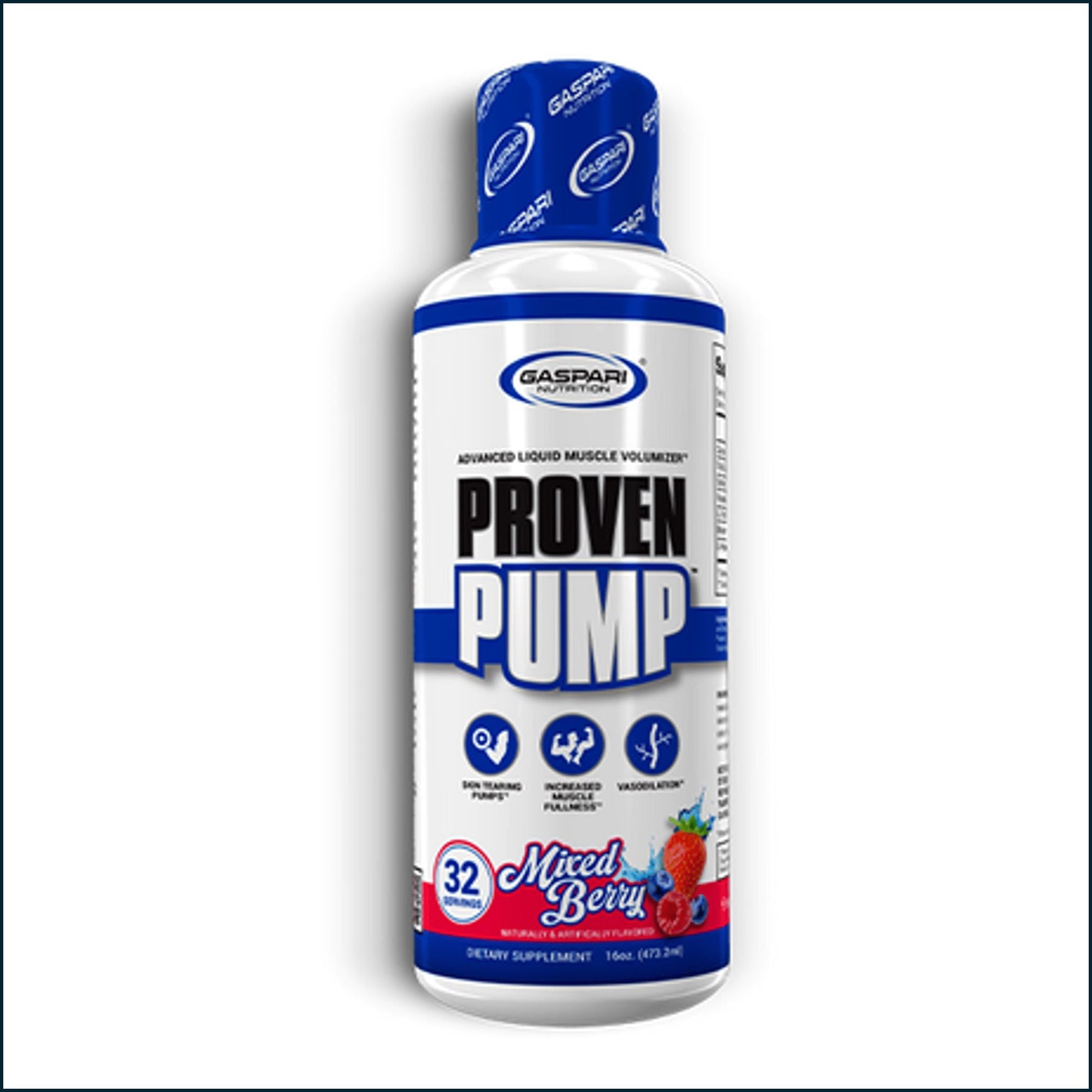 A bottle of Gaspari Nutrition Proven Pump liquid muscle volumizer in Mixed Berry flavor, featuring a white bottle with blue and black text and a blue cap, set against a plain white background.
