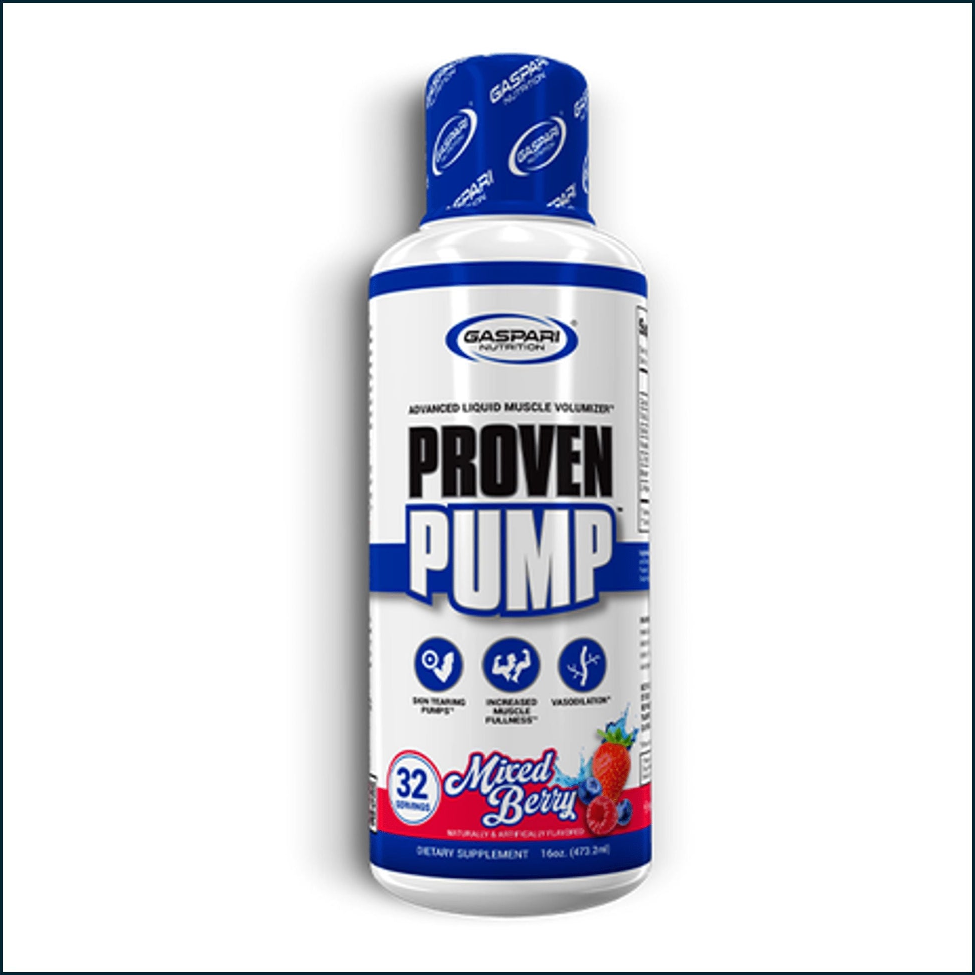 A bottle of Gaspari Nutrition Proven Pump liquid muscle volumizer in Mixed Berry flavor, featuring a white bottle with blue and black text and a blue cap, set against a plain white background.
