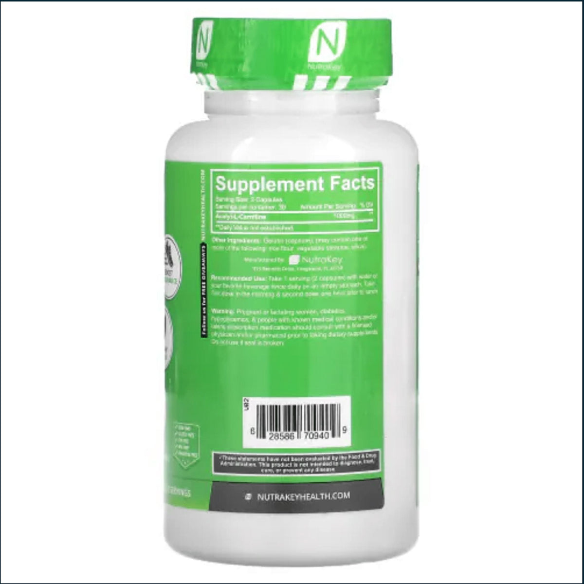A white plastic bottle of NutraCypher dietary supplements, showing the back label with Supplement Facts and a green cap with a white 'N' logo.