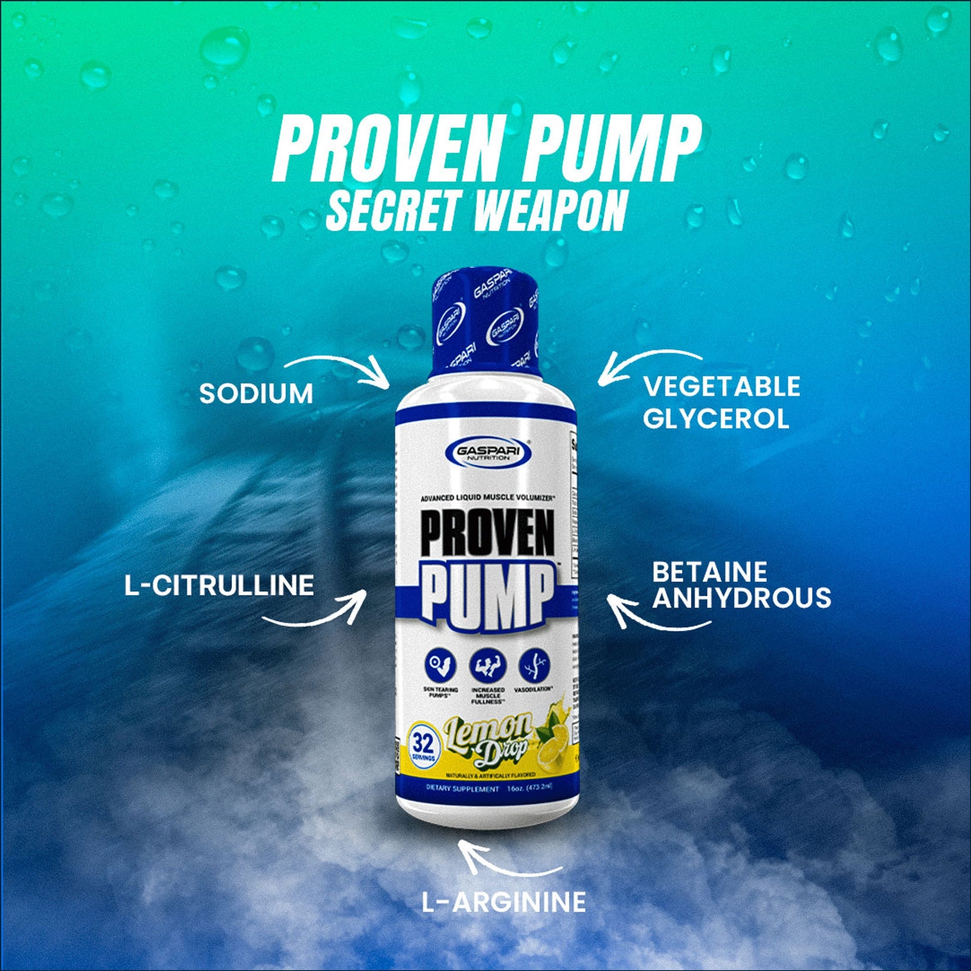 A bottle of Darshim Proven Pump dietary supplement centered on a blue and green underwater-style background with text callouts for sodium, vegetable glycerol, L-citrulline, betaine anhydrous, and L-arginine.
