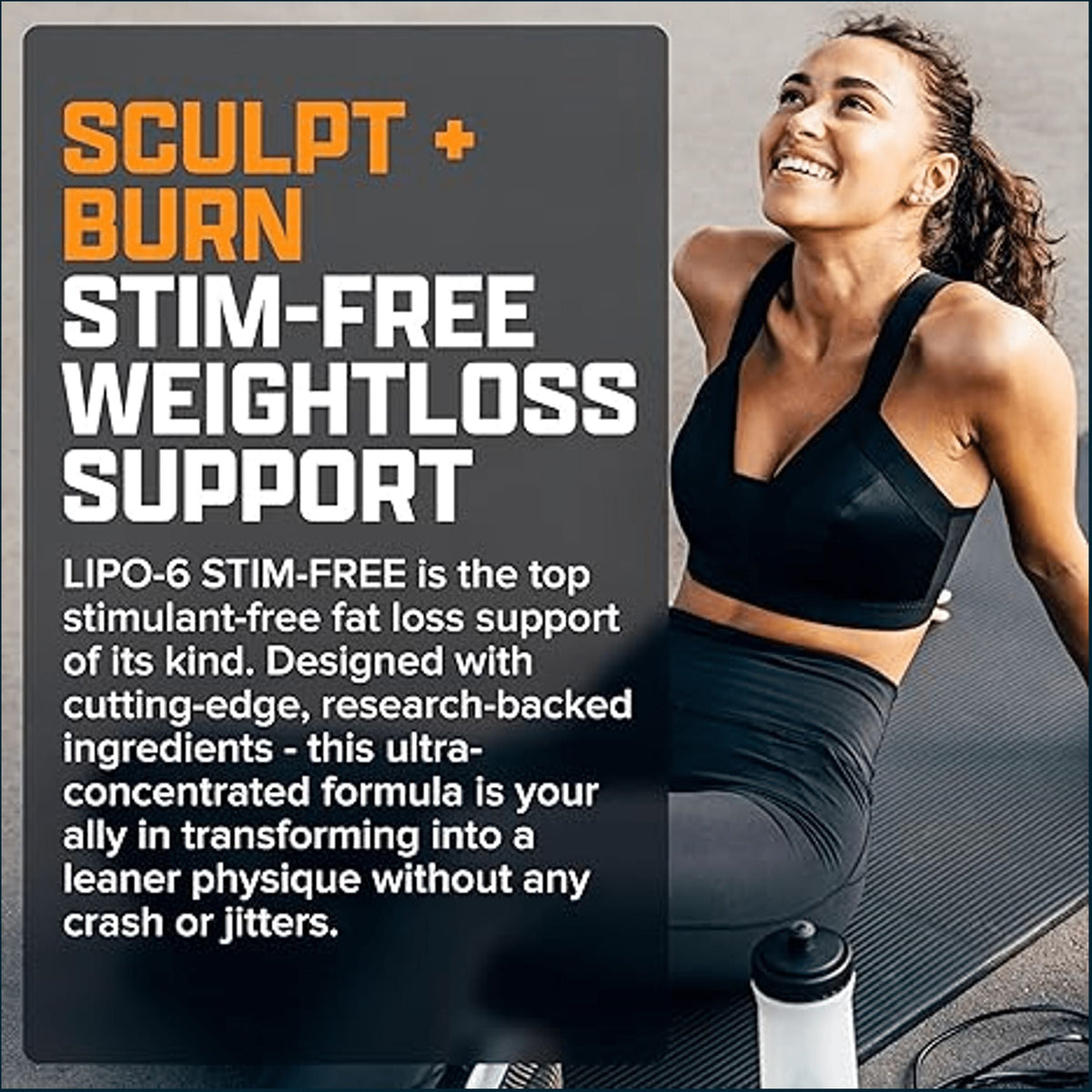 Promotional graphic for a weightloss supplement, featuring a smiling woman in a black sports bra and leggings on a treadmill alongside large text reading 'SCULPT + BURN' and 'STIM-FREE WEIGHTLOSS SUPPORT'.