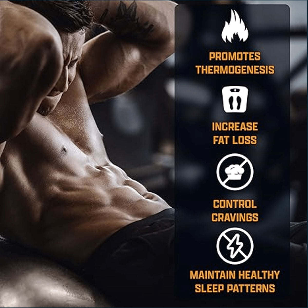 Promotional graphic showing a muscular man in a gym setting alongside a dark vertical panel with icons and text claiming benefits such as promoting thermogenesis, increasing fat loss, controlling cravings, and maintaining healthy sleep patterns.