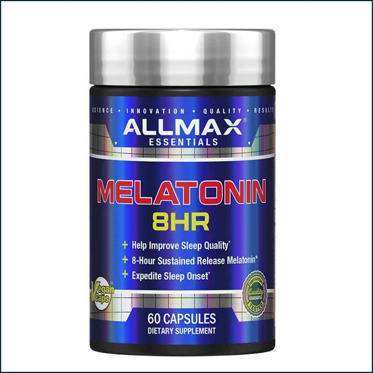 A bottle of Allmax Essentials Melatonin 8HR dietary supplement, containing 60 capsules, shown against a plain white background.