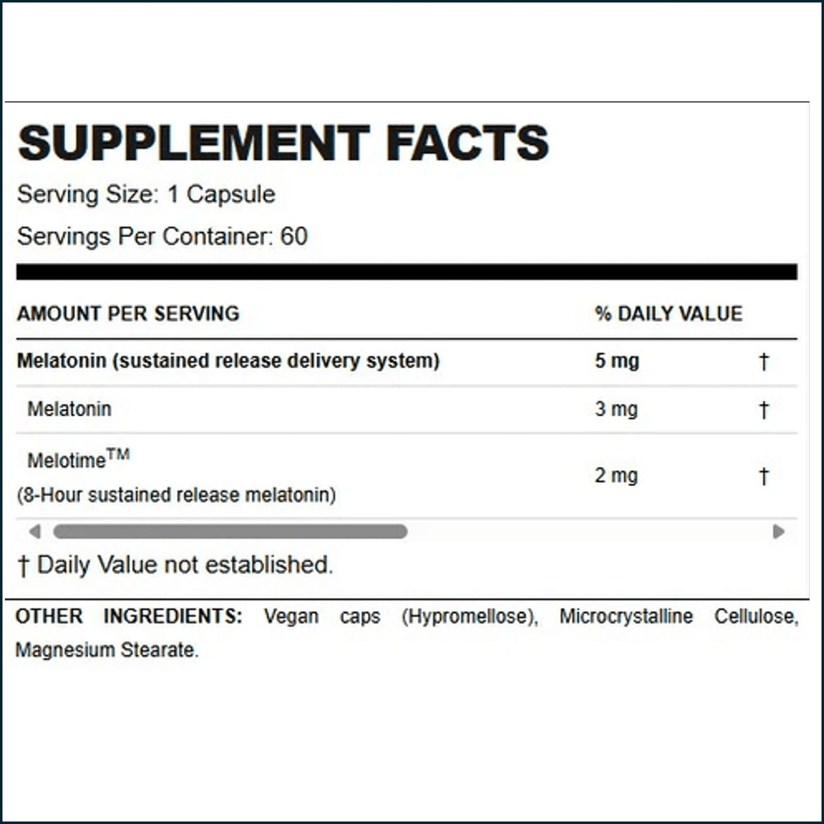 A Supplement Facts label showing melatonin dosage information, including 5 mg, 3 mg, and 2 mg amounts, with vegan caps and other ingredients listed at the bottom.