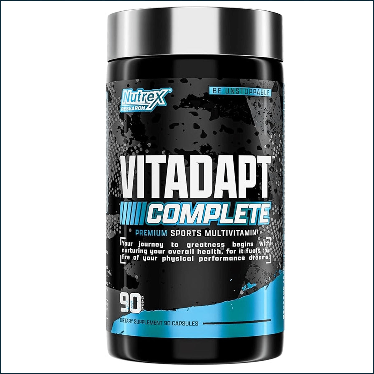 A black and silver tub of Nutrex Research Vitadapt Complete premium sports multivitamin, featuring a black label with white and blue text and graphics, set against a plain white background.