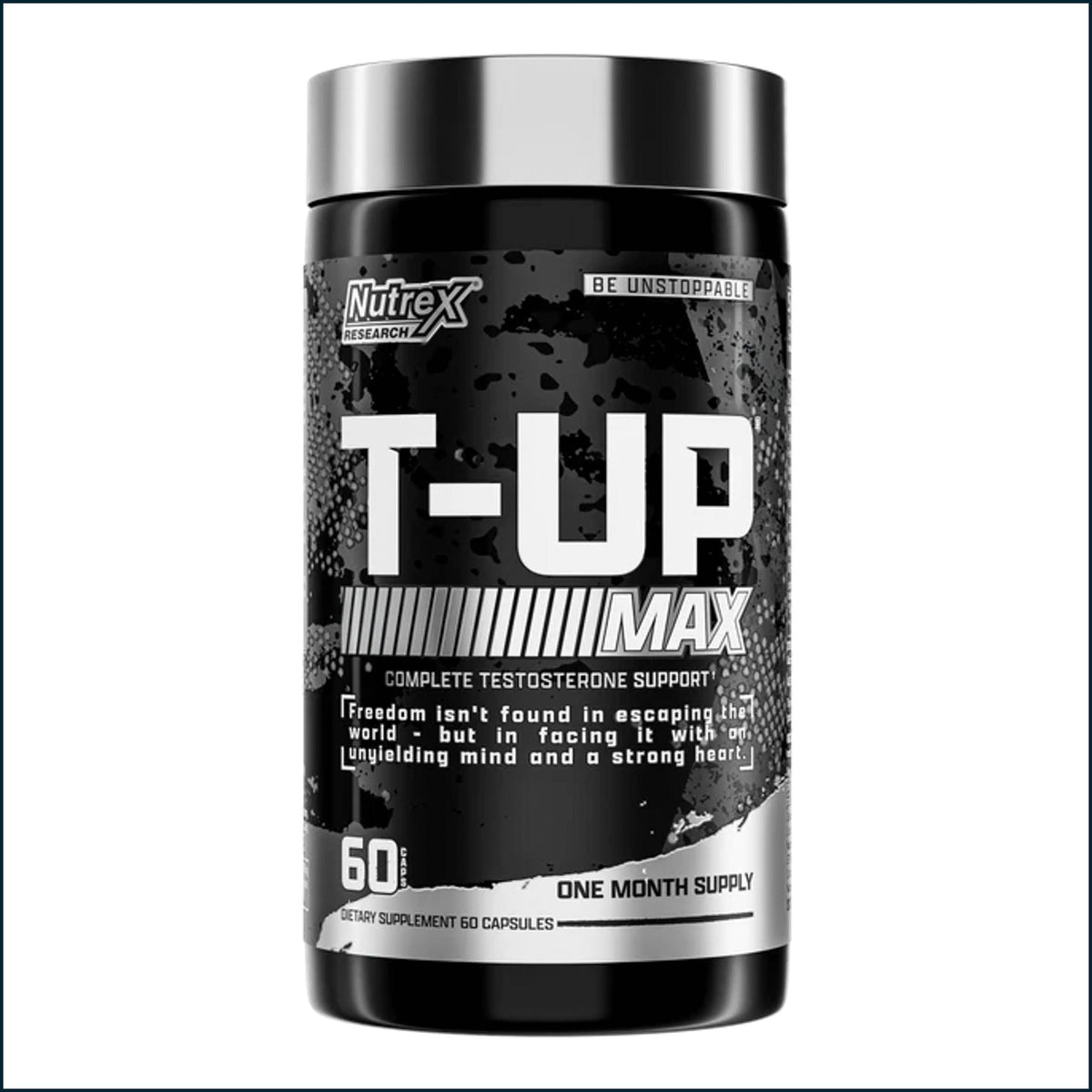 A black and silver bottle of Nutrex T-Up Max dietary supplement on a plain white background.