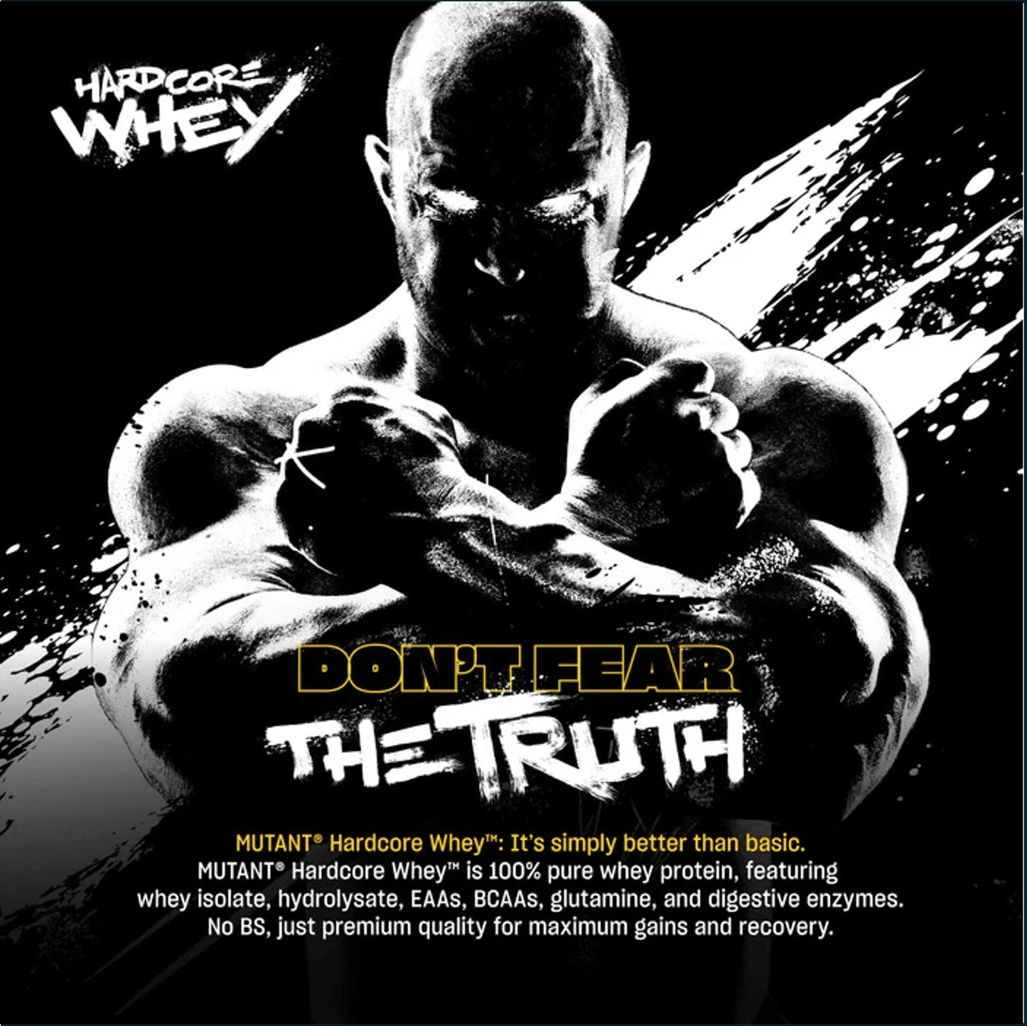 Promotional graphic for Hardcore Whey protein featuring a muscular shirtless man with clenched fists on a black background, with the text 'HARDCORE WHEY' and 'DON'T FEAR THE TRUTH' in white and yellow.