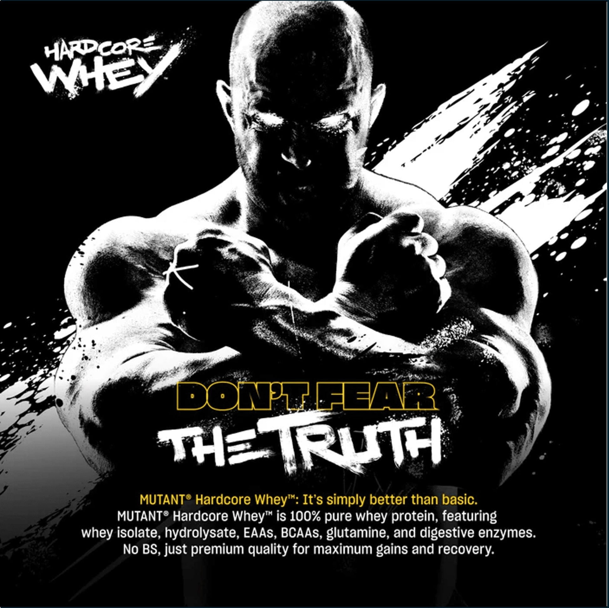 Promotional graphic for Hardcore Whey protein featuring a muscular shirtless man with clenched fists on a black background, with the text 'HARDCORE WHEY' and 'DON'T FEAR THE TRUTH' in white and yellow.