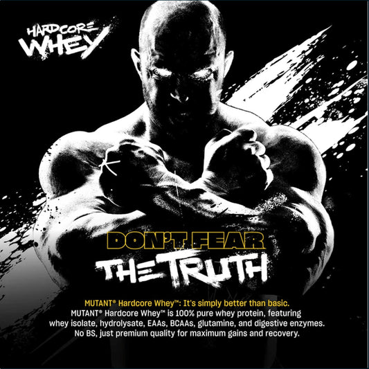 Promotional graphic for Hardcore Whey protein featuring a muscular shirtless man with clenched fists on a black background, with the text 'HARDCORE WHEY' and 'DON'T FEAR THE TRUTH' in white and yellow.