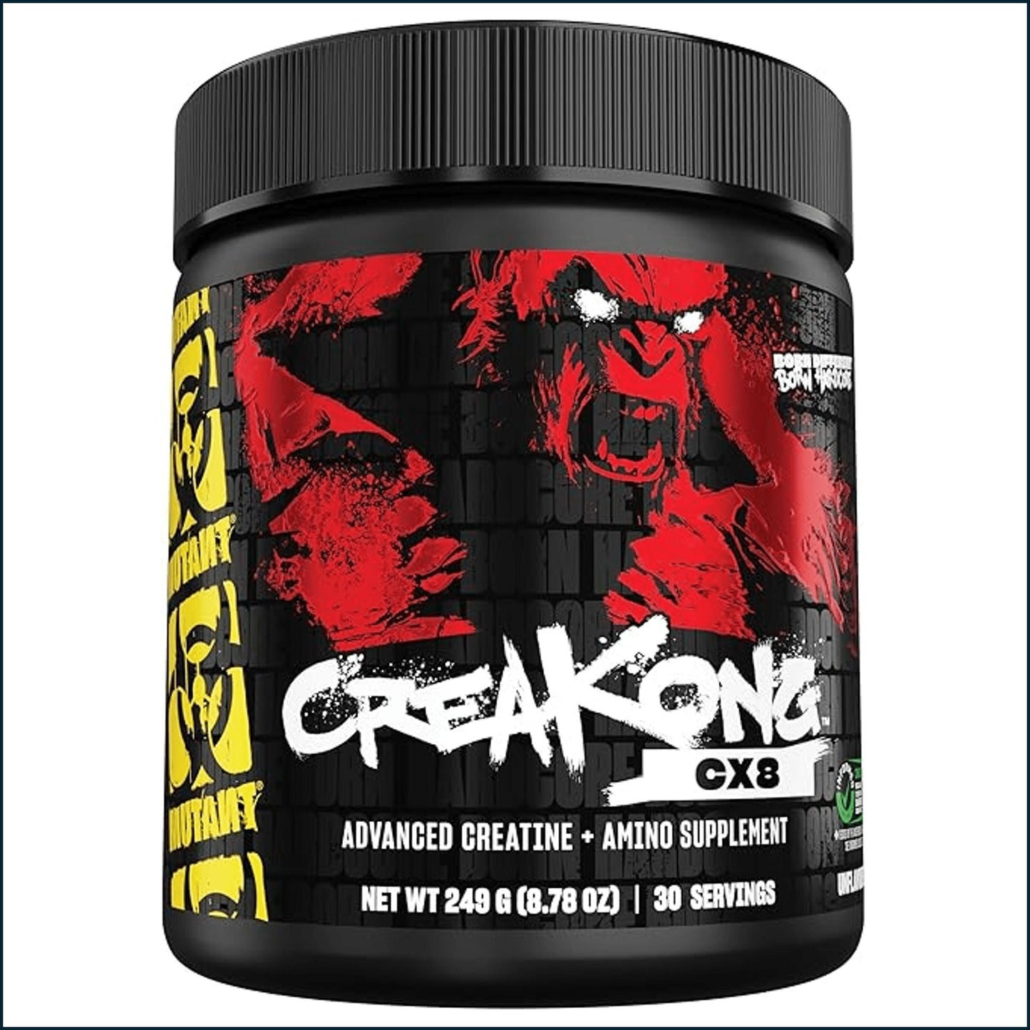 A black plastic tub of Creakong CX8 Advanced Creatine + Amino Supplement by Mutant Sports, featuring a bold red and black label with a grizzly bear graphic and white text.