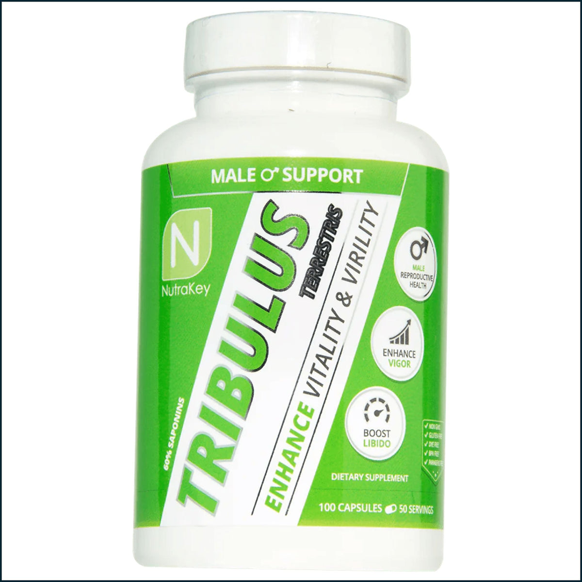 A white plastic bottle of Tribulus dietary supplement by NutraKey, featuring a green and white label with bold text.