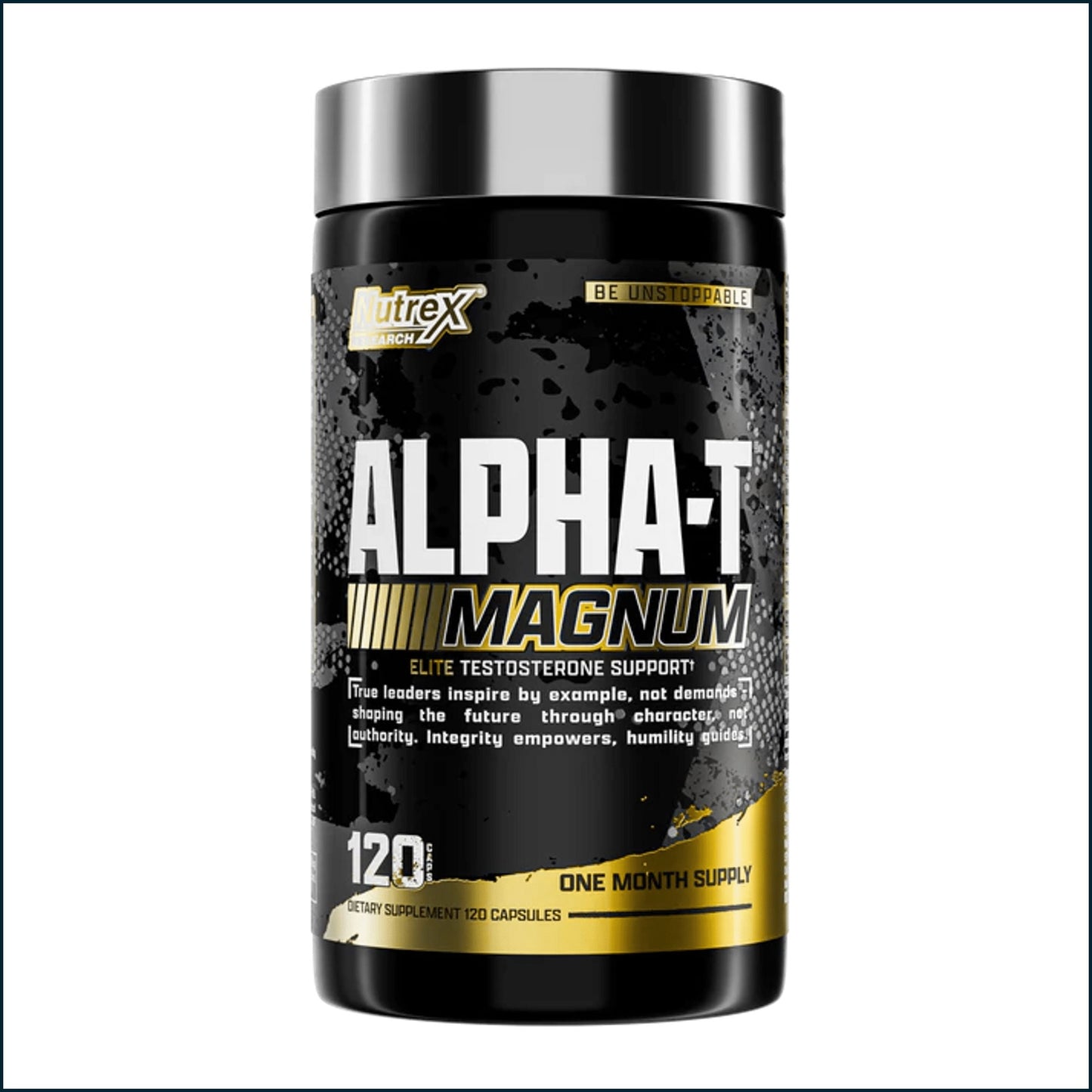 A black plastic bottle of Nitrex Alpha-T Magnum dietary supplement with a metallic silver cap, set against a plain white background.