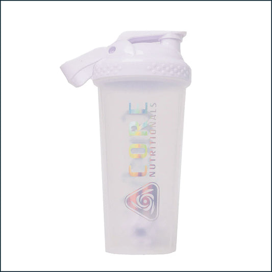 A translucent white plastic shaker bottle with a matching white flip-top lid, featuring the 'CORE NUTRITIONALS' logo printed vertically on the front.