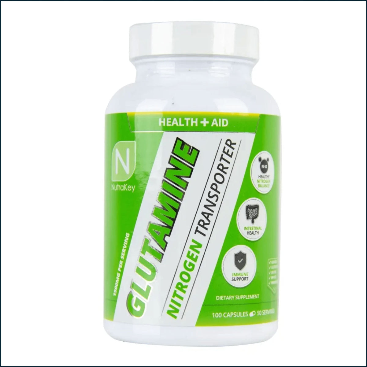 A white plastic bottle of NutraKey Glutamine Nitrogen Transporter dietary supplement with a bright green and white label, containing 100 capsules.