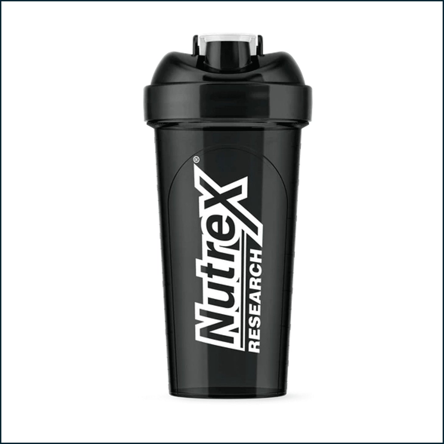 A black shaker bottle with a white and black Nutrex Research logo printed vertically on the front, set against a plain white background.