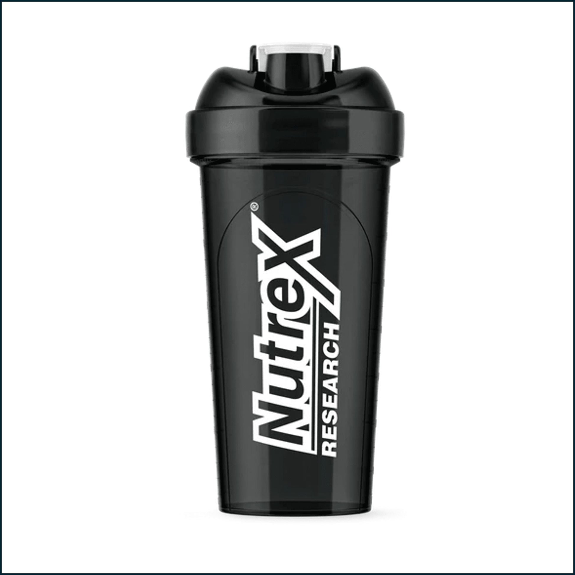 A black shaker bottle with a white and black Nutrex Research logo printed vertically on the front, set against a plain white background.