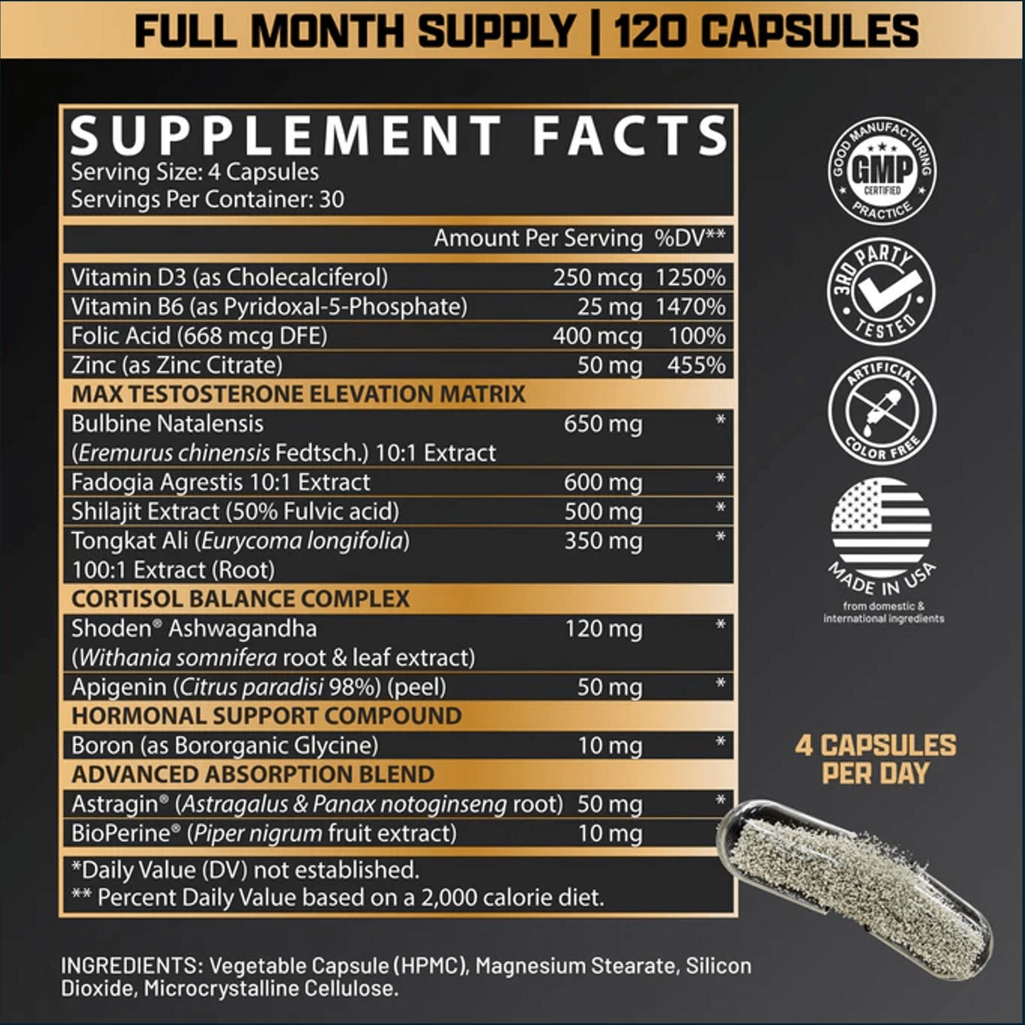 A supplement facts label for a full month supply of 120 capsules, showing a black background with white text, gold accents, and a small photo of a clear vegetable capsule containing yellow powder in the bottom right corner.