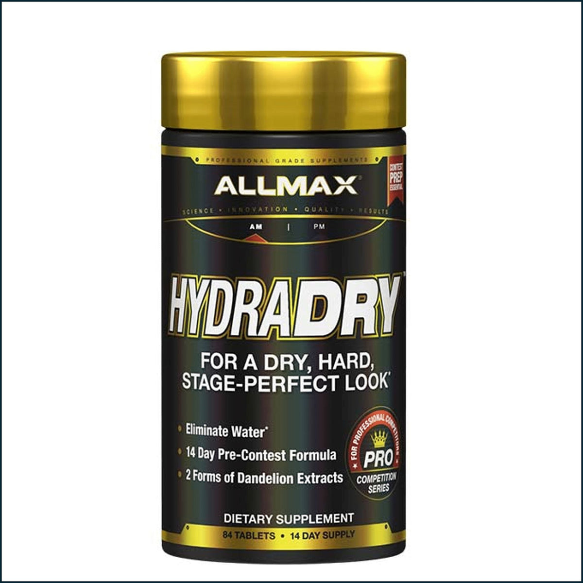 A bottle of Allmax Hydradry dietary supplement, featuring a black label with gold accents and a metallic gold cap, set against a plain white background.
