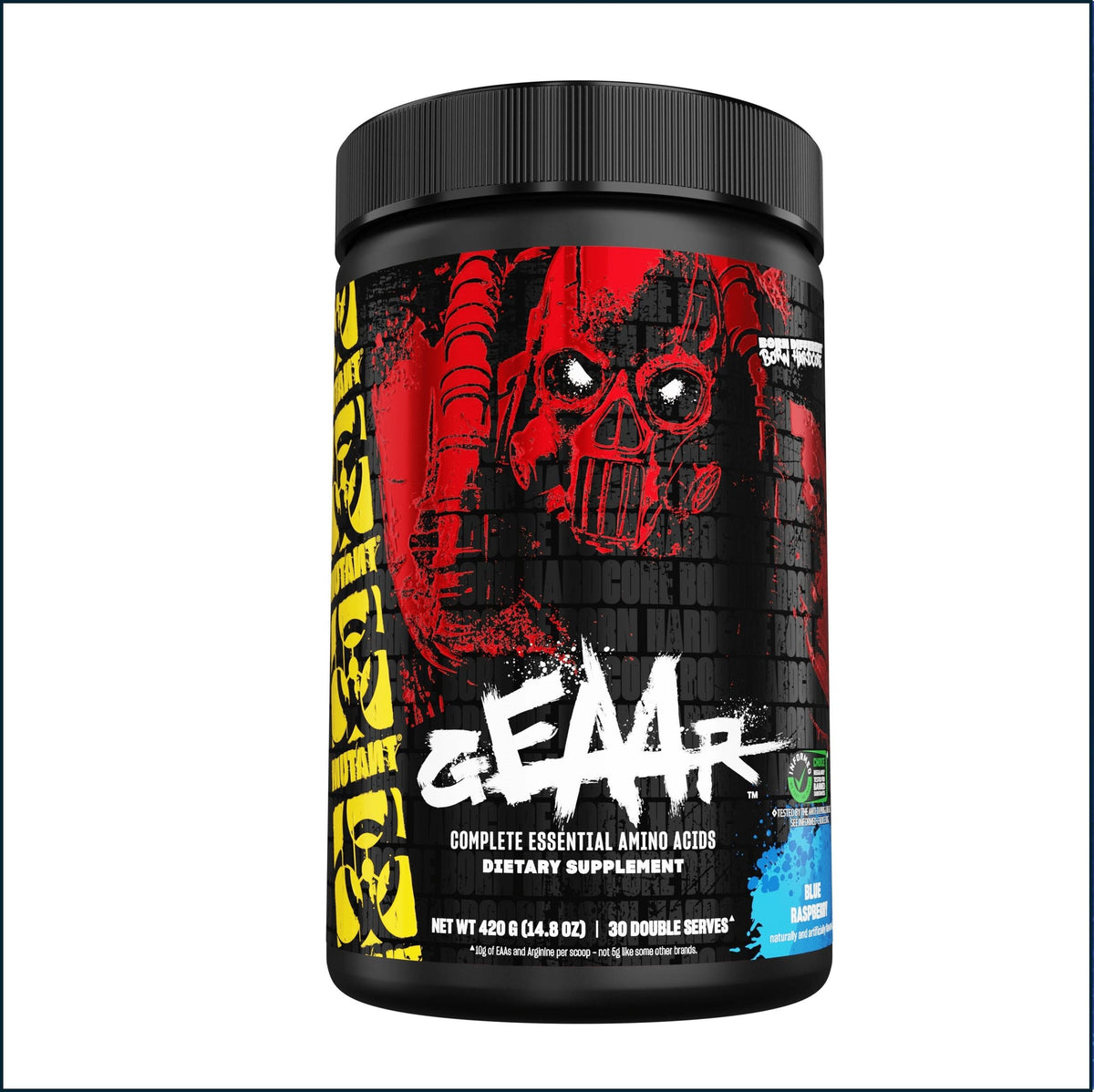 A tub of GEAR Complete Essential Amino Acids dietary supplement in Blue Raspberry flavor, featuring a black container with a red, black, yellow, and white label.