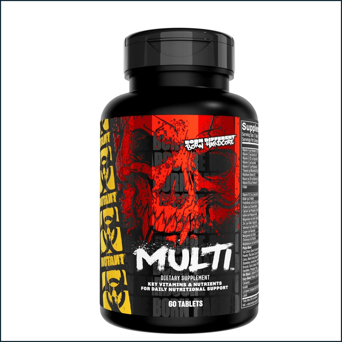 A black plastic bottle of Blood Rage Multi dietary supplement with a black cap, featuring a red and black skull graphic and yellow biohazard symbols on the label.