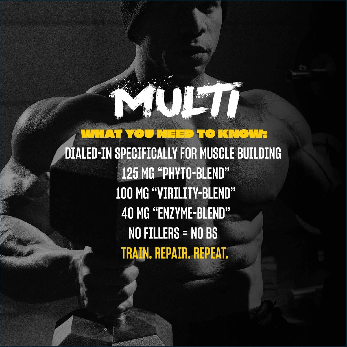 Muscular person holding a dumbbell with text about a supplement labeled 'MULTI'.