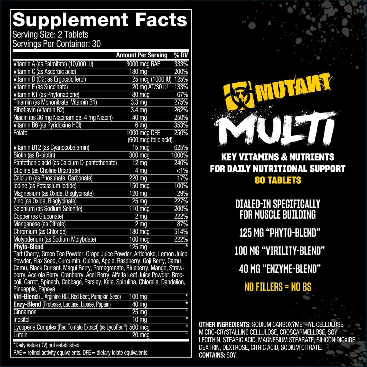 Supplement label for Mutant Multi showing nutritional information and branding.